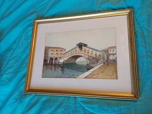 Pintura acuarela vintage Venecia Italia Puente de Rialto, góndolas, basílica - Imagen 1 de 7