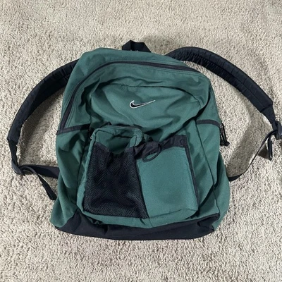 Vintage Nike Backpack Green Black Nylon Daypack Swoosh Logo Zip Pockets Mesh 90s - Image 1 of 4