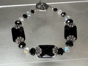 Glam durchsichtiges schwarzes Glasperlen-Knebelarmband Silber ca. 7,25 Zoll - Bild 1 von 3