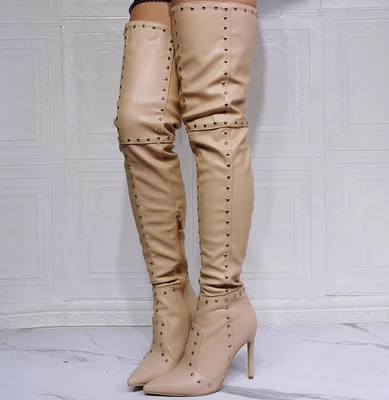 Moda Mujeres Botas hasta la rodilla Punta Tacones altos Cremallera Remaches Zapatos Talla 4-15 Foto 1 de 4