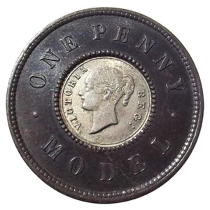 (1844) "One Penny Model" Bimetallic Token - UK, Queen Victoria Coin, 1800s - Picture 1 of 2