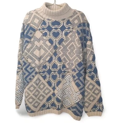 Vtg 80s Express Tricot 3D Handknitted Patchwork Sweater Large Geometric Beige - Image 1 of 4