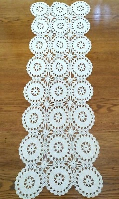 White Crochet Table Runner or Dresser Scarf Topper - Circle Design - 13 x 39.5" - Image 1 of 4