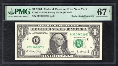 FR 1926-B 2001 $1 FEDERAL RESERVE NOTE "RADAR S/N B92066029E” PMG GEM UNC-67EPQ - Image 1 of 2