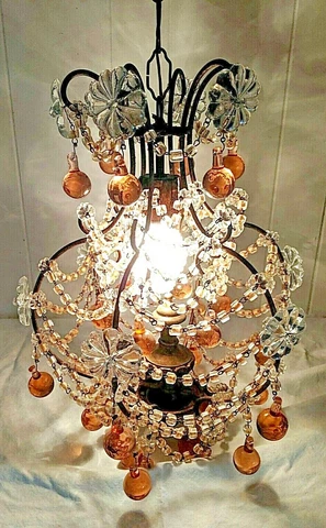 Antique Italian Chandelier Peach Pink Drops Macaroni Bead Chain Flower Rosettes Cover