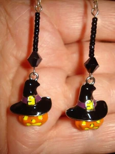 2 1/2" Drop Halloween Enamel Black Hat on a Pumpkin SP Earwire Earrings - Picture 1 of 7