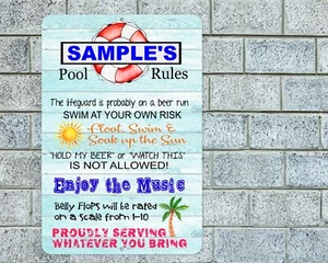 Personalized Pool Rules Sign Aluminum Metal 8"x12" Custom Name Funny Deck Patio - Picture 1 of 1