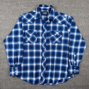 Camicia vintage Wrangler Pearl Snap flanella uomo XL blu a quadri western cowboy - Foto 1 di 7