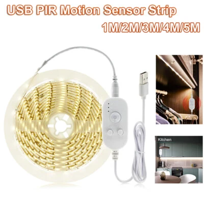 1/3/5M USB PIR Motion Sensor Led Strip Light Cabinet Closet Night Lamp DC5V - Image 1 of 4