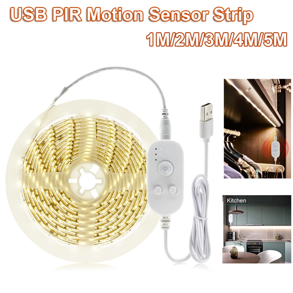 1/3/5M USB PIR Motion Sensor Led Strip Light Cabinet Closet Night Lamp DC5V - Image 1 of 4