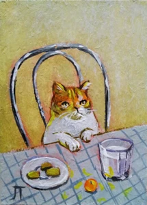 ACEO PRINT of Painting Gentleman Cat at the table eating Breakfast Milk - Picture 1 of 3