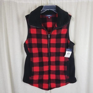 Chaps Ralph Lauren Buffalo Plaid Plush Sherpa Collar Fleece Zip Up Vest Womens M - Picture 1 of 9