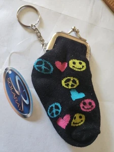 NOS New Vintage Knit Sock Coin Purse w/Snap Closure Key Chain Happy Face PEACE - Picture 1 of 9