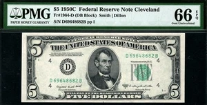 1950c $5 Cleveland Federal Reserve Note FRN • Fr.1964-D • PMG 66 EPQ - Picture 1 of 2