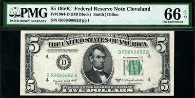 1950c $5 Cleveland Federal Reserve Note FRN • Fr.1964-D • PMG 66 EPQ - Image 1 of 2