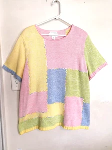 CJ Banks Womens Sweater 2X Pink Yellow Hand Embroidered Color Block Short Sleeve - Picture 1 of 5