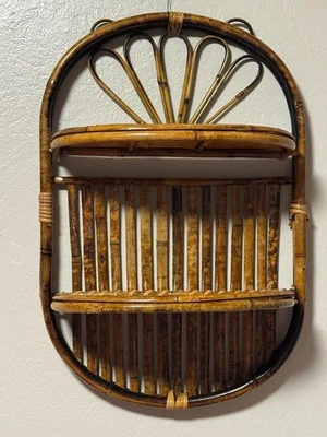Vintage 1970s Boho Coastal Rattan Bamboo Wall Hanging Folding Shelf - Image 1 of 4