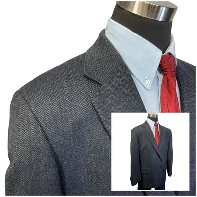 44R Stuart Hughes Suit Jacket Sport Coat Blazer Herringbone 100% LambsWool Blue - Image 1 of 4