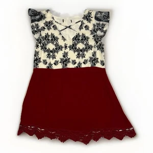 Kleid Blumen Spitzenbesatz rot weiß mit schwarzen Motiven V-Ausschnitt Rüschen fließend Gr. M - Bild 1 von 7