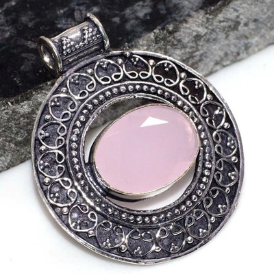 Special Pink Chalcedony 925 Silver Plated Gemstone Pendant 1.7" JW - image 1 of 3