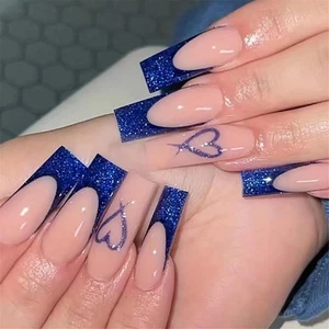 Press on Nails Long Square Coffin Fake Nails with Glue on nails Blue Tip Hear... - Picture 1 of 7