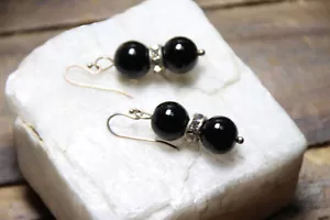 Onyx Black 10mm Ball Gemstone & Rhinestone 925 Sterling Silver Earrings 1.50" - Picture 1 of 3