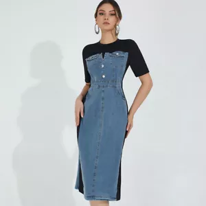 Casual fake two color contrast patchwork denim dress slimming bag hip skirt - Picture 1 of 9