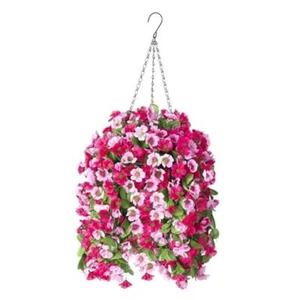 Artificial Hanging Flowers in 12 inch Basket, Fake Plant Silk Rose and Pink - Picture 1 of 7