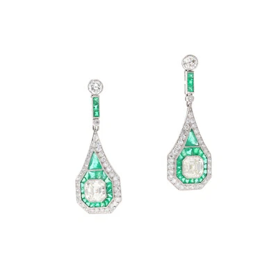 Old European Cut Lab-Created Diamonds & Green Emerald Classic Fine Drop Earrings - Image 1 of 4