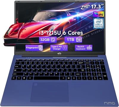 NIMO 17.3 Laptop Intel 6 Core i3-1215U 4.4GHz 32GB RAM 1TB SSD Windows 11 Wifi 6 - Image 1 of 4