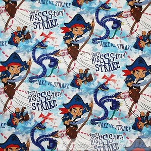 BonEful Fabric Cotton Quilt White Blue Red Boy Disney Pirate Jake Snake US SCRAP - Picture 1 of 7