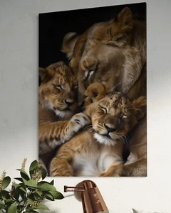 Löwen Leinwand Bild Familie Farbig Dekoration Wandbild Lions Löwe Family - Bild 1 von 2