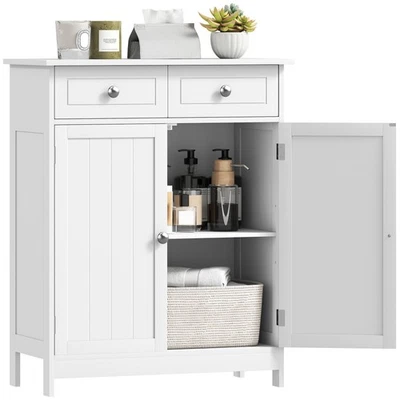 kleankin Bathroom Floor Storage Cabinet w/ 2 Drawers Door Cupboard White - Image 1 of 4