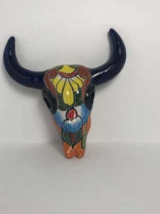 TALAVERA COW SKULL- MEXICAN POTTERY FOLK ART DESIGN- 9" SIZE - Picture 1 of 12