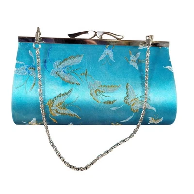 Cartera sin asas Sasha New York azul satinado diseño mariposa cadena plateada asa Foto 1 de 4