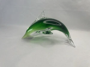 🐬 Hand Blown Green Art Glass Dolphin Figurine 5–6” | Vintage Murano Style Decor - Picture 1 of 5