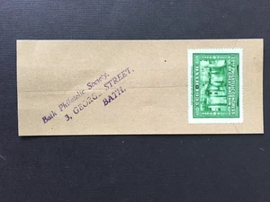 GB 1935 BATH PHILATELIC CONGRESS LABEL + SOCIETY HANDSTAMP ON SMALL PIECE - Picture 1 of 2