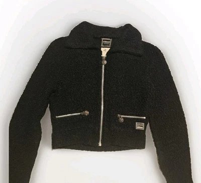 1990s Versace Versus Black Boucle Cropped Poly Knit  Zip Up Sweater - Image 1 of 4