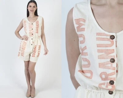 Vtg Flour Sack Romper Cotton Muslin Potato Feed Bag Playsuit Mini Shorts Pockets - Image 1 of 4