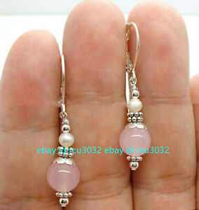 Natural White 6-7mm Pearl & 10mm Rose Quartz Gems Round Beads Dangle Earrings AA