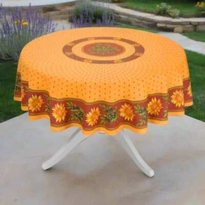 LE CLUNY, ROJO GIRASOL, MANTEL DE ALGODÓN RECUBIERTO PROVENZA FRANCESA, 70" REDONDO Foto 1 de 3