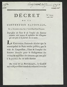 1793 Convención Nacional Francesa Decreto para Ayuda a Viudas y Huérfanos de agosto de 1992 - Imagen 1 de 3