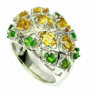 Silver Ring Citrine Chrome Diopside Genuine Natural Gems Sterling R 1/2 US 9 - Picture 1 of 24