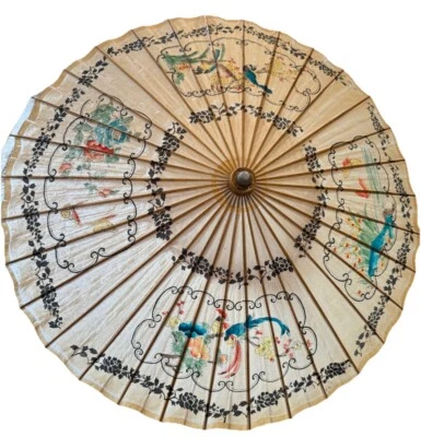 Vintage Asian Rice Paper Bamboo Parasol Umbrella Hand Painted Birds Flowers - Image 1 of 4
