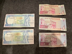 LOTE DE 16 BILLETES DE VALOR NOMINAL MALTA LIRI 5 X2 2 X3 ANTIGUOS - Imagen 1 de 4