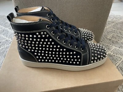 Christian Louboutin Navy Silver Spike High Top Sneakers Size43 US10 New In Box - Imagem 1 de 4