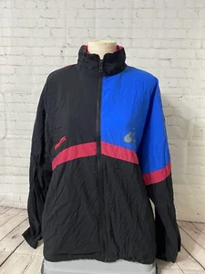 Vintage ASICS Women's L Windbreaker Jacket - Pink Blue spell Out Color block Zip - Picture 1 of 9