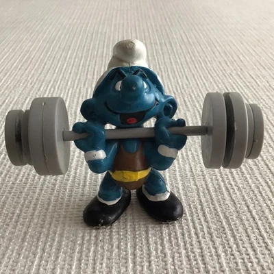 VINTAGE 1980s SCHLEICH PEYO WEIGHT LIFTING GYM POWER SMURF TOY FIGURE SMURFS - Image 1 of 4