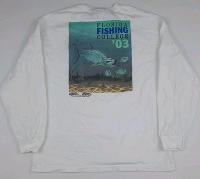 Vintage Florida Fishing College 2003 Art Print T Shirt USA Y2k Outdoor Vtg WORN  - Image 1 of 4