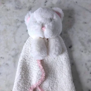 Mudpie White Bear Lovey Plush Bear Security Blanket Chenille White Pink Trim - Picture 1 of 4
